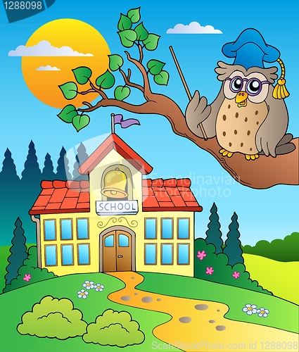 Image of Owl teacher with school building