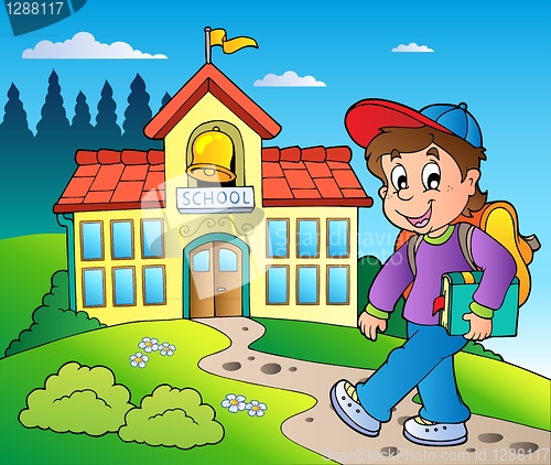 Image of Theme with boy and school building