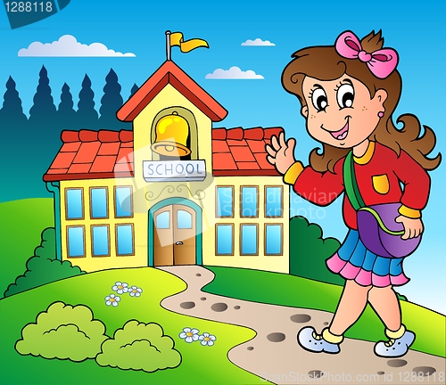 Image of Theme with girl and school building