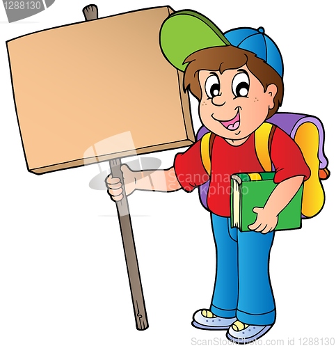 Image of School boy holding wooden board