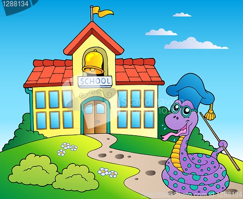 Image of Snake teacher with school building