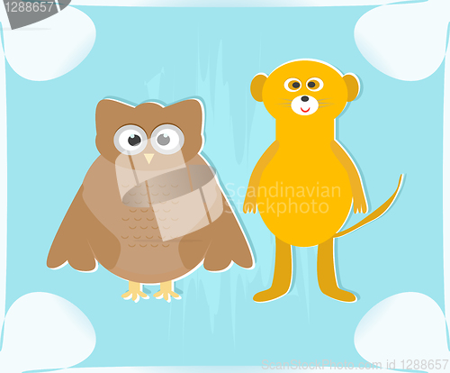 Image of cute owl and lemur on blue background