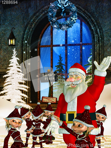 Image of santa claus with christmas elves