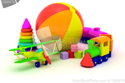 Image of Plane, train, pyramid and ball