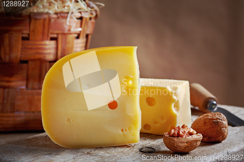 Image of still life with cheese and walnuts