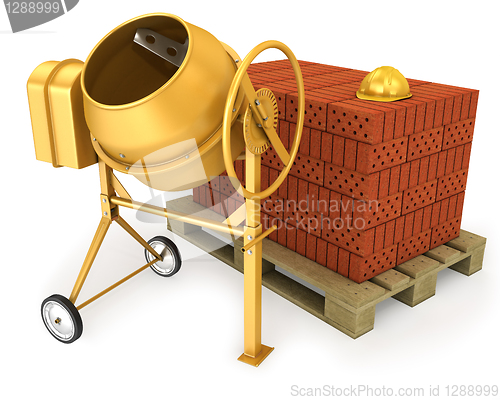 Image of Clean new yellow concrete mixer with helmet and stack of bricks