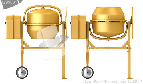 Image of Clean new yellow concrete mixer with raised and lowered drum