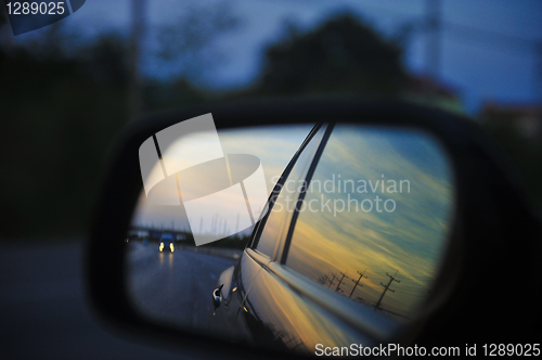 Image of Sunset in side mirror