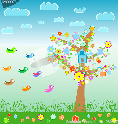 Image of summer landscape with birds flower and tree. Meadow Background