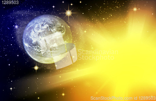 Image of Representation of the sun and the earth in space