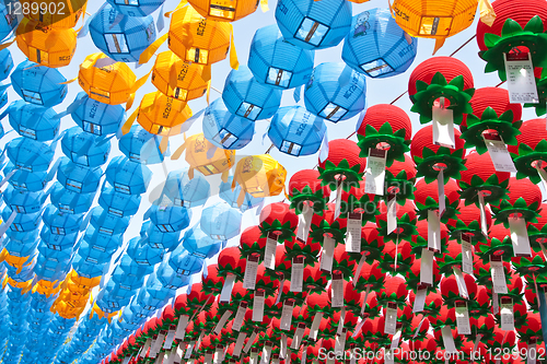 Image of Colorful paper lanterns in buddhist temple