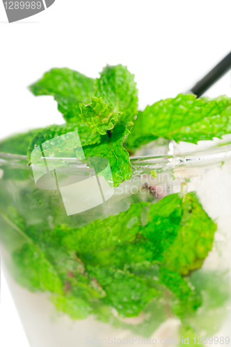 Image of mojito caipirina cocktail with fresh mint leaves