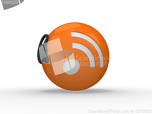 Image of 3d illustration of rss symbol with headset, orange sphere over w