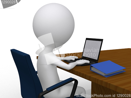 Image of 3D business man on his desk with laptop - isolated over a white 