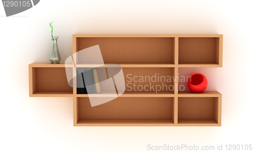 Image of Shelves with books and vases