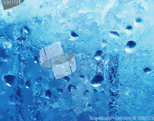 Image of frozen water drops on winter glass