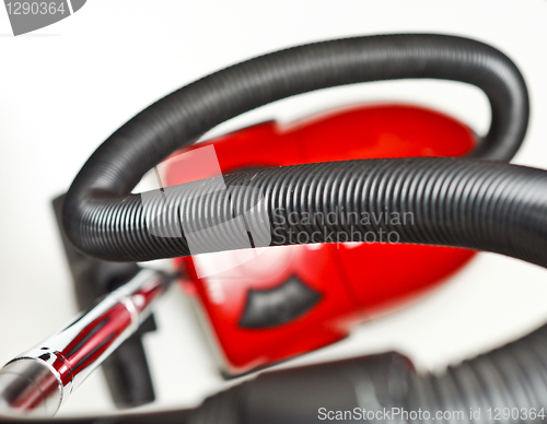 Image of The red vacuum cleaner with a black hose on a white background
