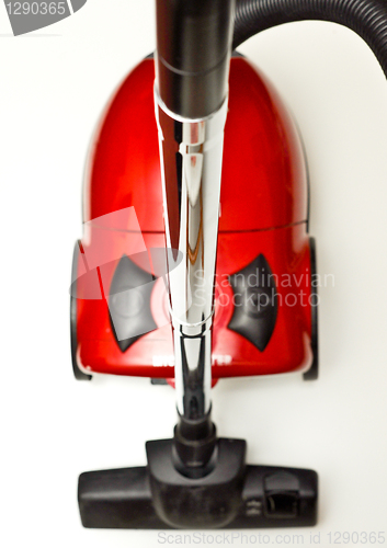 Image of The red vacuum cleaner with a black hose on a white background
