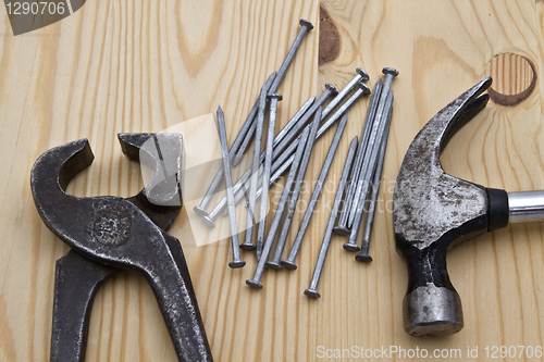 Image of hammer ,wrench and nails on wood background 