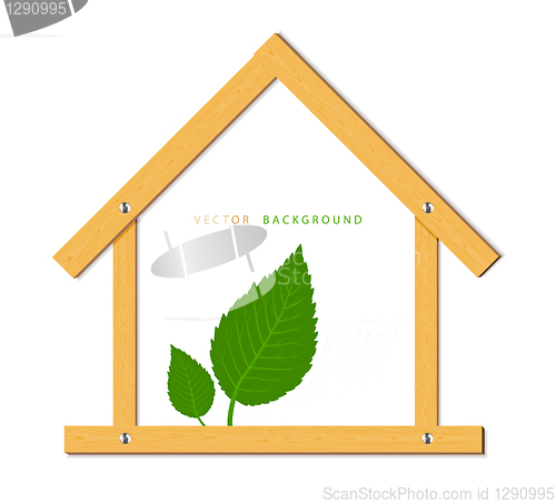 Image of Wooden house and green leaves