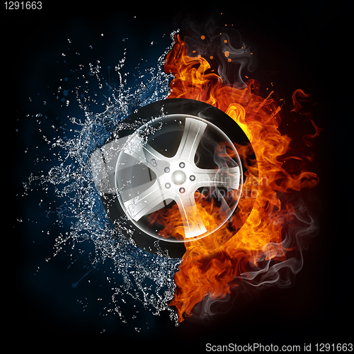 Image of Car Wheel in Flame and Water