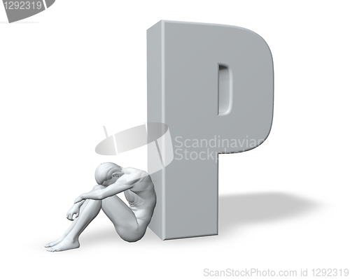 Image of sitting man leans on uppercase letter p