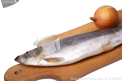 Image of Herring and onion on kitchen board