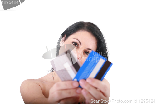 Image of Credit cards in a hand of the woman. Focus on woman