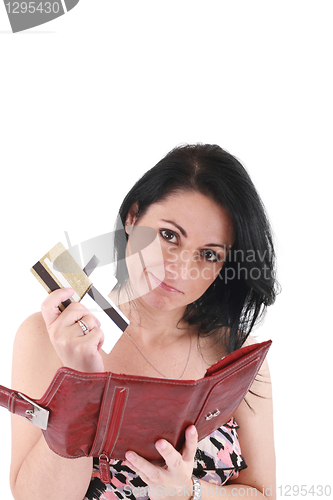 Image of Young caucasian woman with empty wallet - broke and many credit 