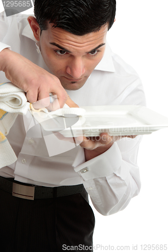 Image of Waiter servant cleaning presenting plate