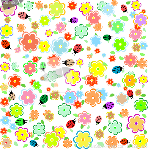 Image of spring background with small flowers and ladybugs