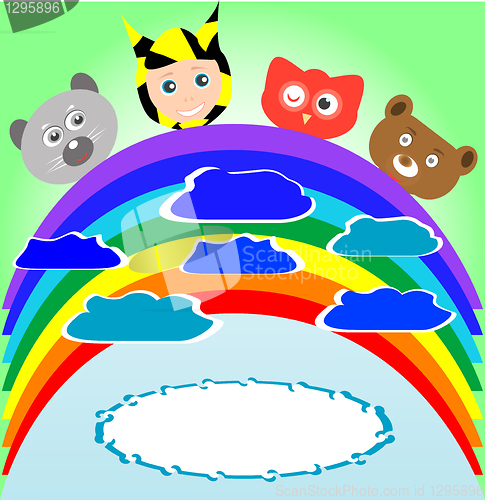 Image of cute kid and animals viewing rainbow