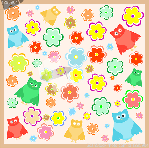 Image of funny cartoon owl with flowers background
