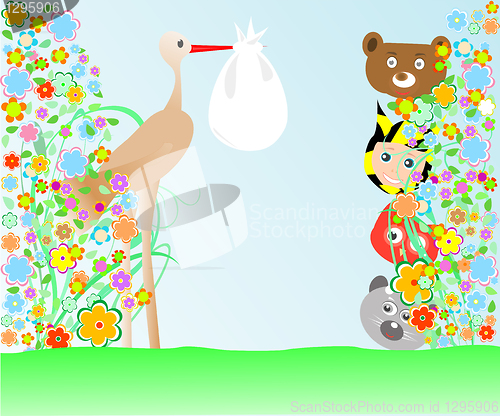 Image of cartoon animals and baby viewing stork with bag