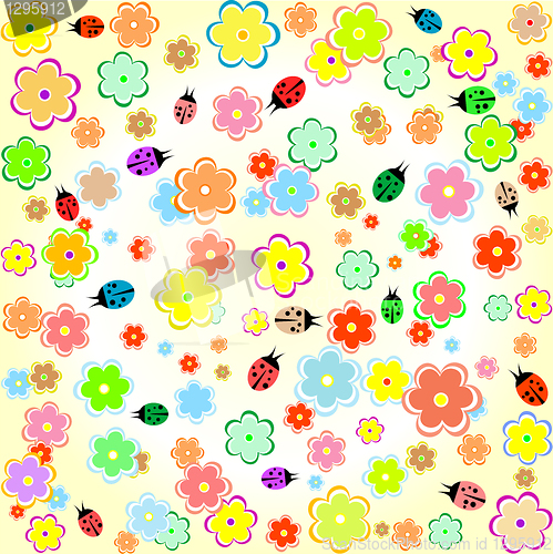 Image of Flowers and ladybugs seamless yellow background