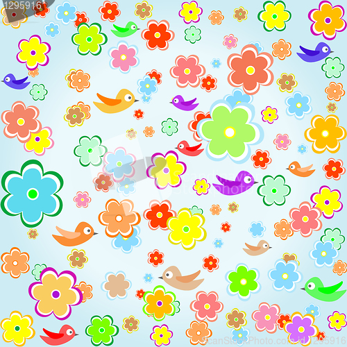 Image of colorful bird with Spring flower abstract background