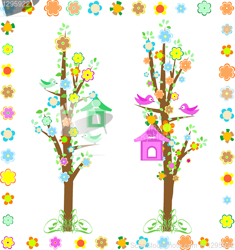 Image of spring tree with birds with birdhouse and flower