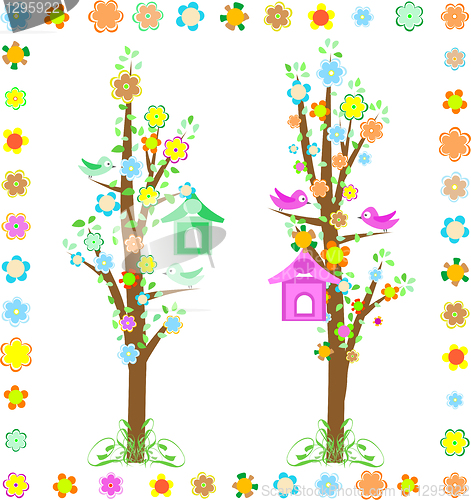 Image of spring tree with birds with birdhouse and flower