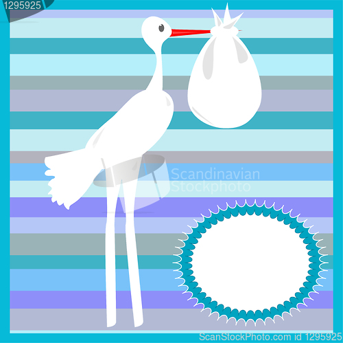 Image of Stork delivering a baby on striped blue background