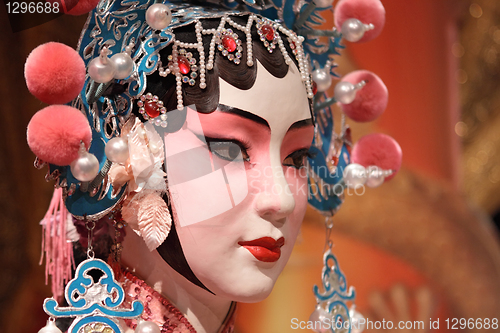 Image of chinese opera dummy and red cloth as text space ,it is a toy,not