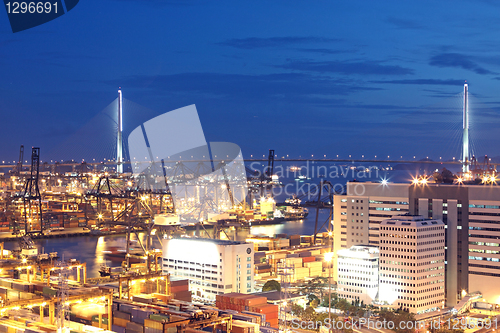 Image of container terminal and stonecutter bridge in Hong Kong 