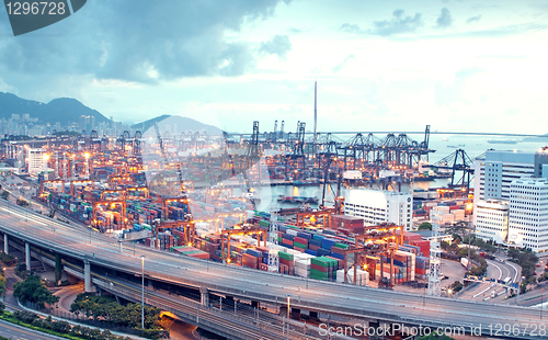 Image of container terminal and stonecutter bridge in Hong Kong 