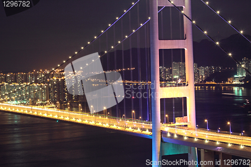 Image of Beautiful night scenes of Tsing Ma Bridge in Hong Kong. 