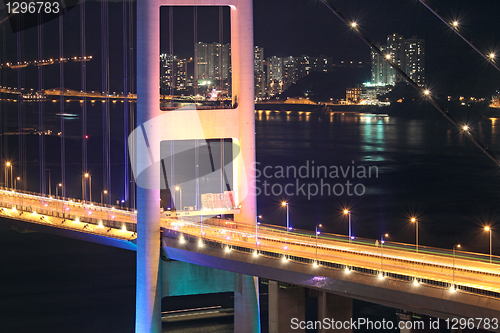 Image of Beautiful night scenes of Tsing Ma Bridge in Hong Kong. 