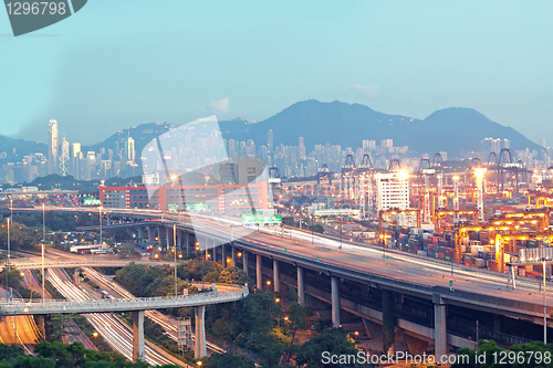 Image of Hong Kong Bridge of transportation ,container pier.
