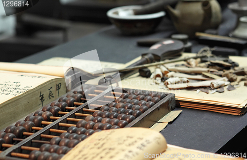 Image of abacus and book on the table in a chinese old shop