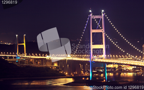 Image of Beautiful night scenes of Tsing Ma Bridge in Hong Kong. 