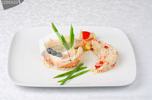 Image of fish with rice and vegetables