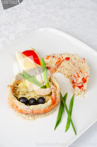 Image of fish with rice and vegetables