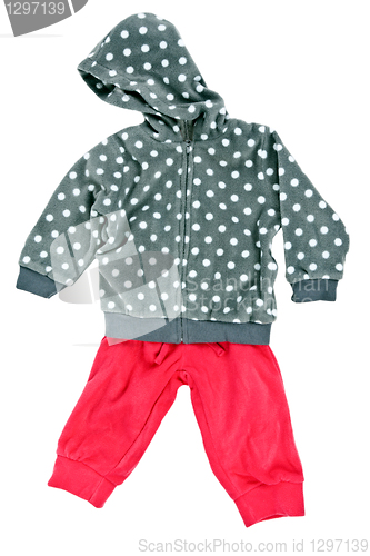 Image of gray hooded sweater children's polka dot pants with red